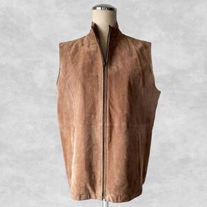 Tan Suede Leather Vest Women's L Zip Front Stand Up Collar Pockets Ruffhewn